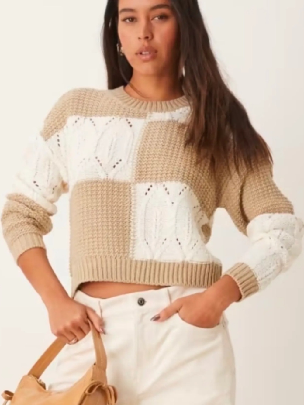 Altar'd State Neutral Block Knit Crewneck Sweater - Beige & Cream
